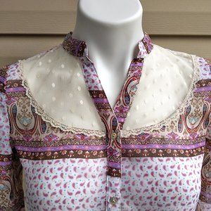Mixed Pattern Lace Sheer Button Down Blouse S